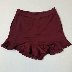 J.O.A. Burgundy High-Waist Ruffle Crochet-Trim Shorts